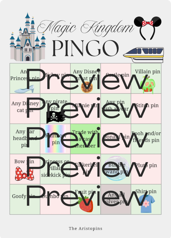 Magic Kingdom Pin Trading Bingo | Disney Pin Game Printable | Disney Scavenger Hunt | Disney World Game
